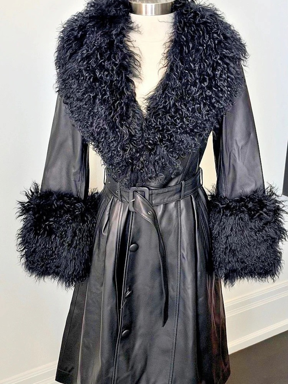 Saks Potts leather belted mid length jacket with shearling trim